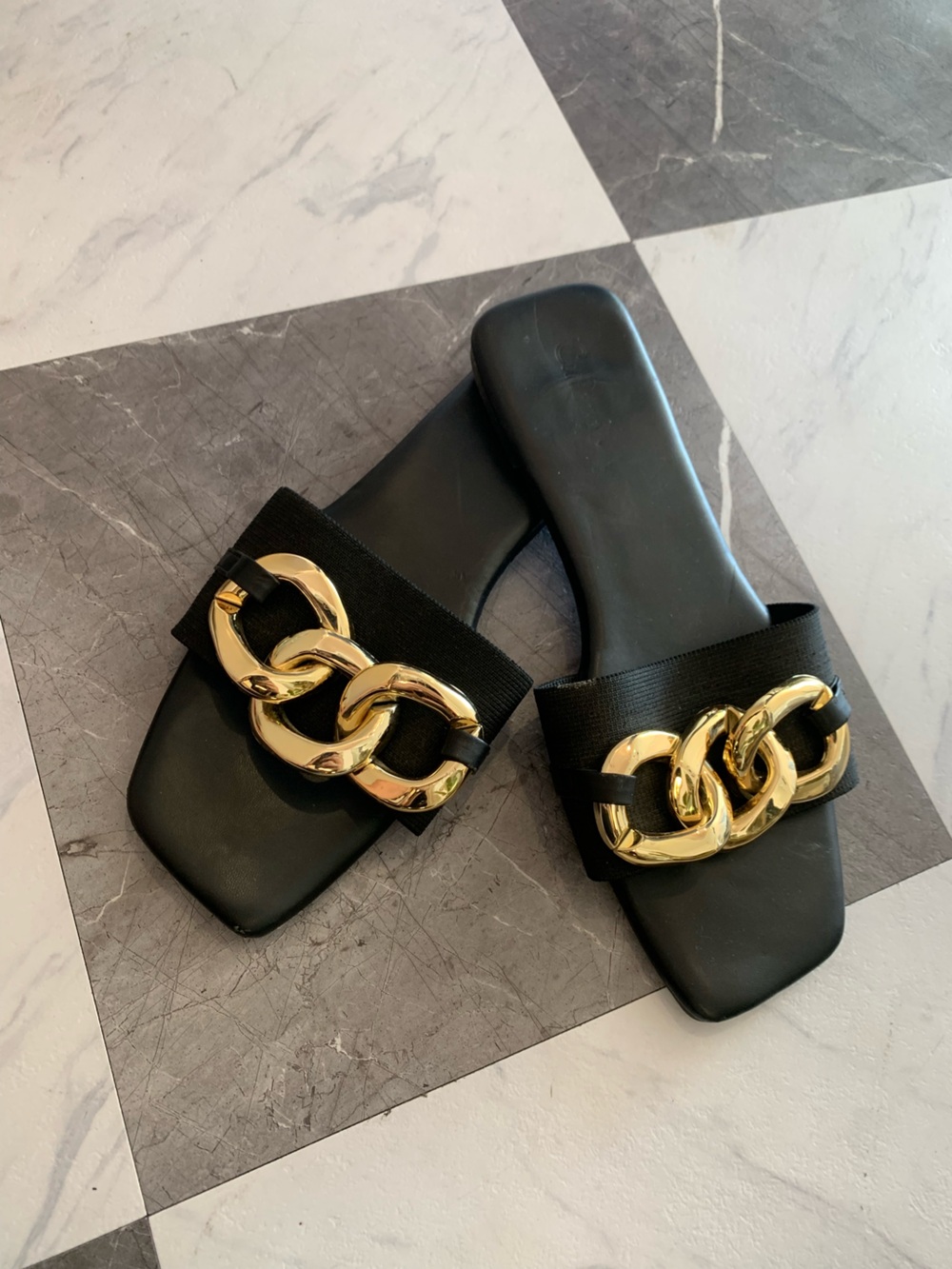 Black Slide Sandals with Gold Chain Accent